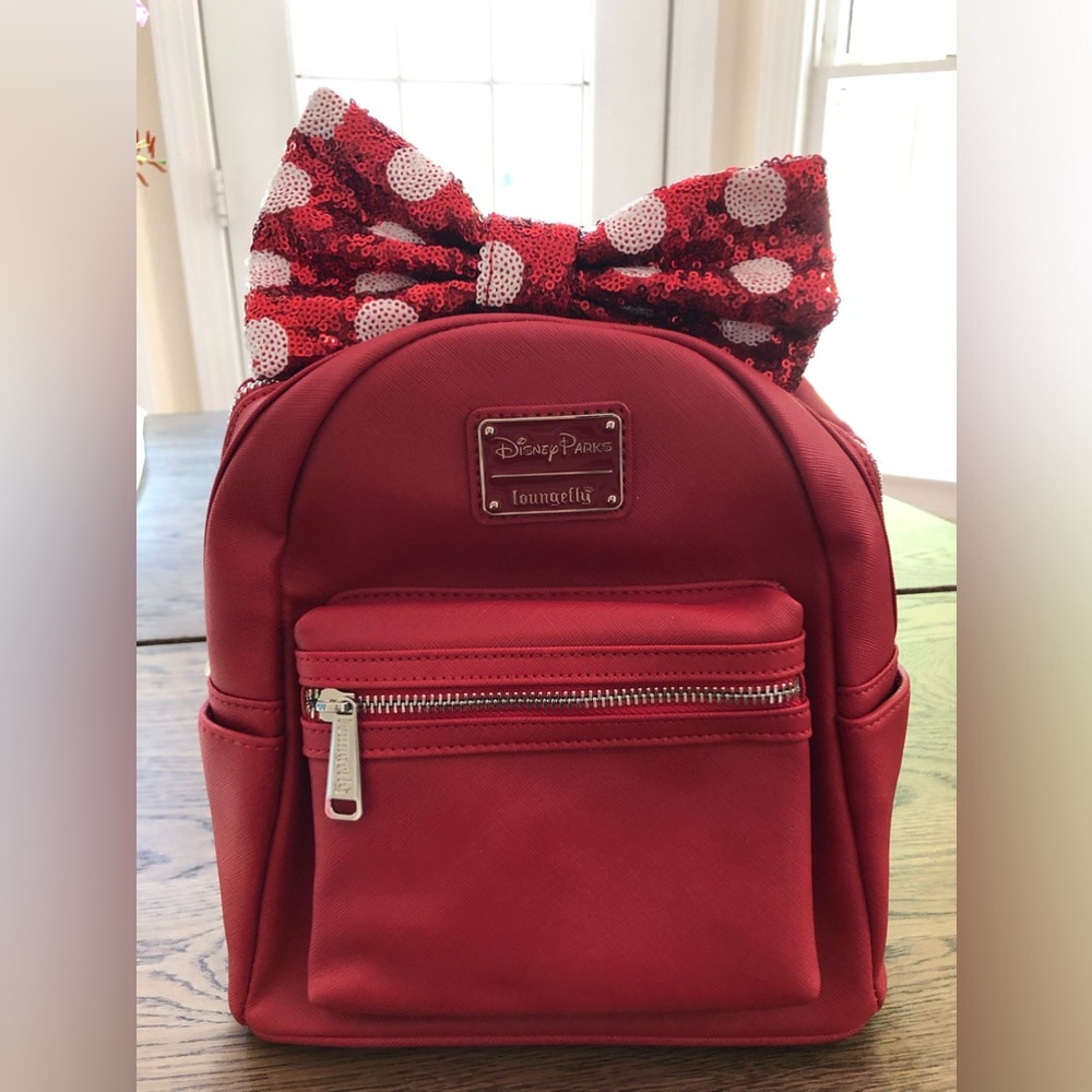 Disney Parks Loungefly Minnie Mouse Sequin Backpack Bag Red Bow
